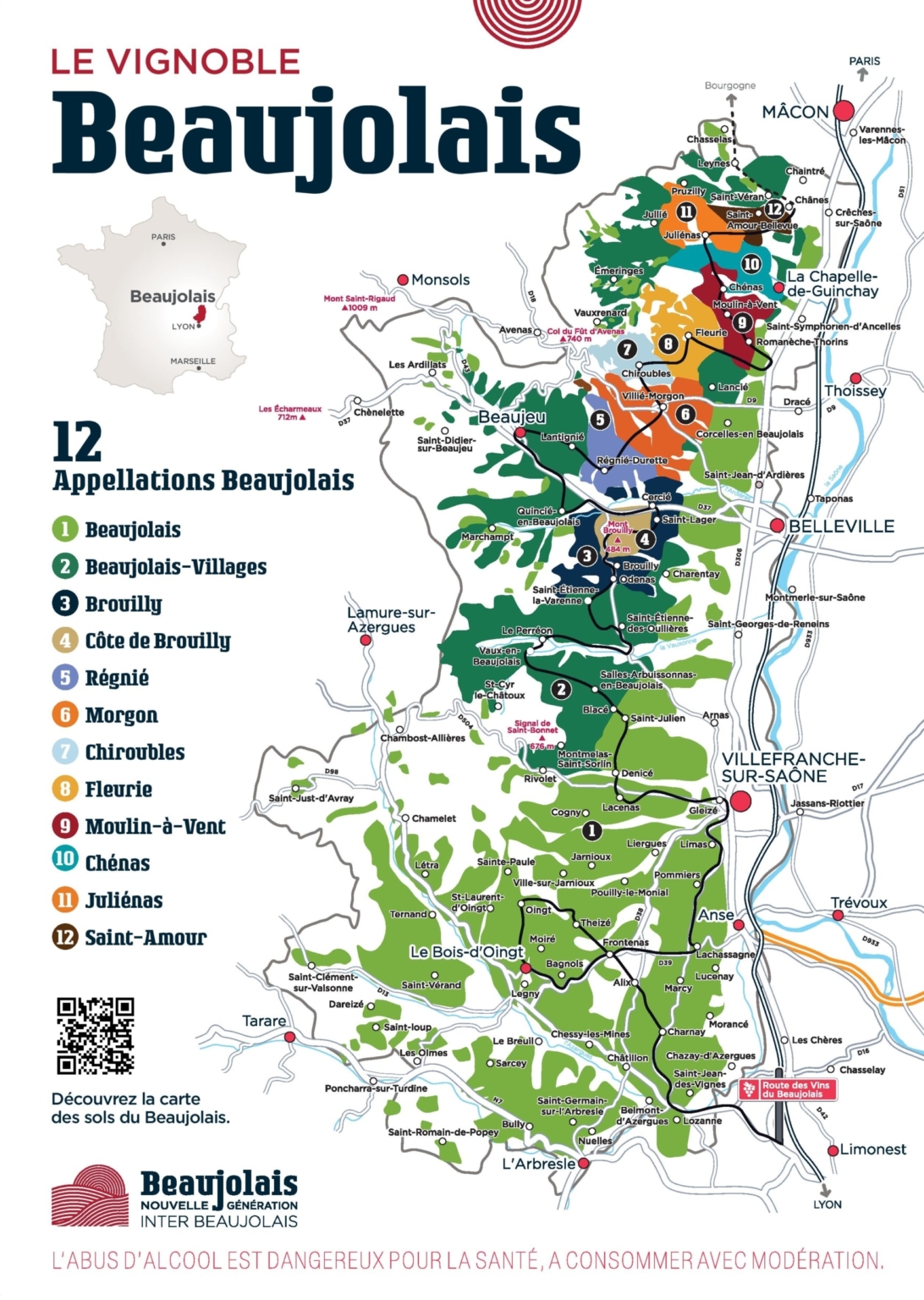Carte du Beaujolais A4 en français 21x29,7 Beaujolais