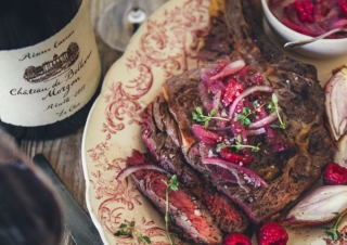 Rib of beef with raspberry shallot sauce