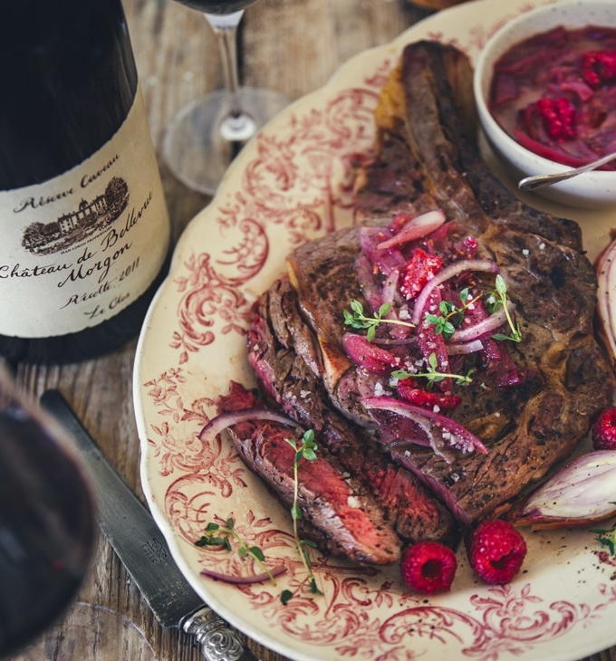 Rib of beef with raspberry shallot sauce