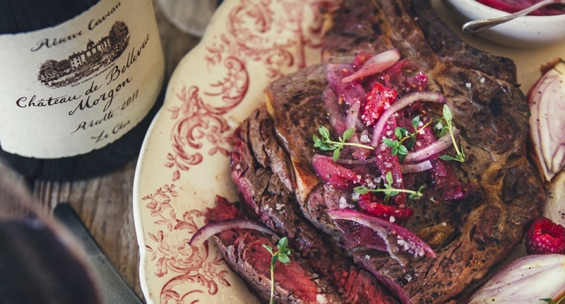 Rib of beef with raspberry shallot sauce
