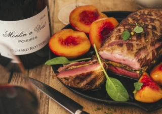 Duck breasts with dried fruit and roasted nectarines