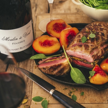 Duck breasts with dried fruit and roasted nectarines