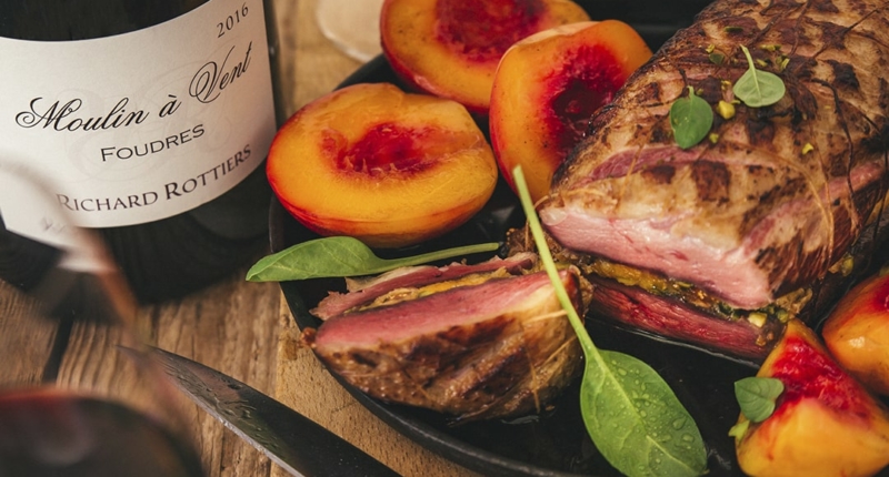 Duck breasts with dried fruit and roasted nectarines