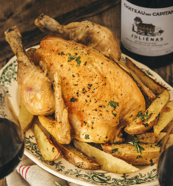 Poulet rôti, pommes de terre croustillantes à la gremolata