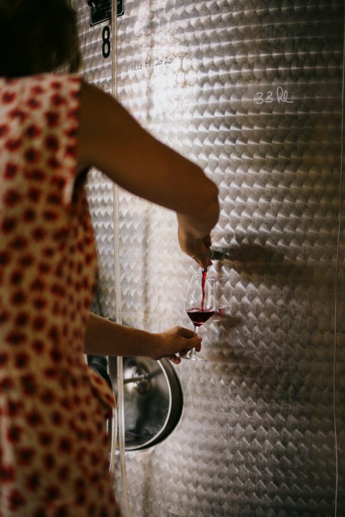 Dégustation de vin à la cuve dans une cave du Beaujolais