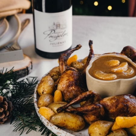 Cailles rôties aux clémentines et aux épices, pommes de terre grenaille