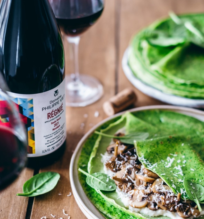 Crêpes toutes vertes aux épinards, béchamel, champignons et parmesan