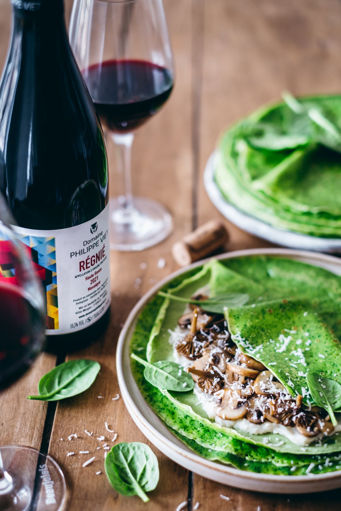 Crêpes toutes vertes aux épinards, béchamel, champignons et parmesan