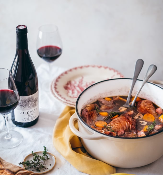 Coq au vin et tagliatelles fraîches